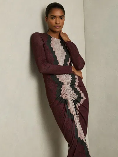 Reiss Burgundy Petite Jersey Ruched Printed Dress With Wool