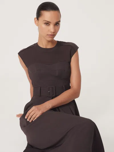 Reiss Burgundy Petite Mesh-panel Belted Pleated Midi Dress In Brown