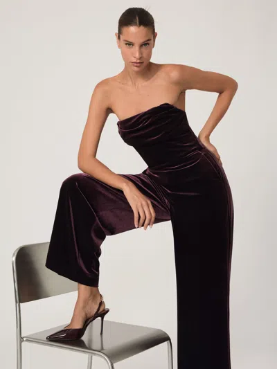 Reiss Burgundy Petite Velvet Drape Strapless Jumpsuit