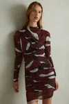 REISS BURGUNDY KALLIE PRINTED RUCHED MINI DRESS