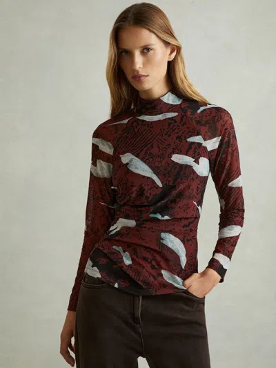 Reiss Burgundy Printed Ruched Top In Brown