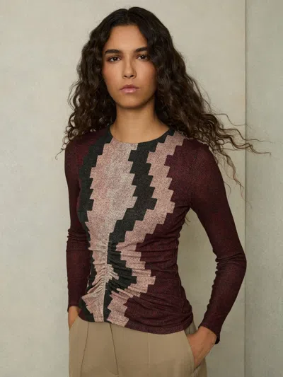 Reiss Burgundy Printed Ruched Top With Wool In Multi
