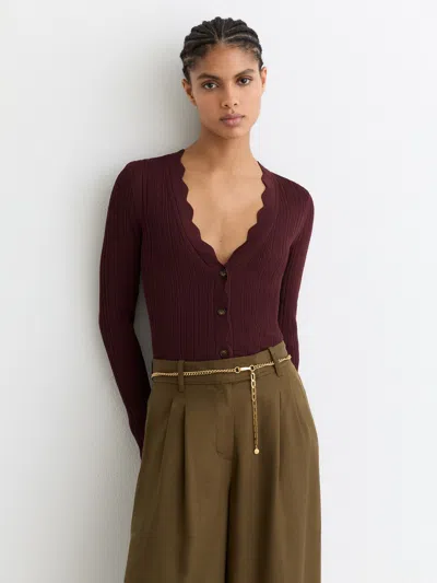 Reiss Burgundy Rib-knit Scallop-trim Cardigan In Brown