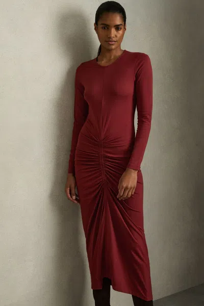 Reiss Burgundy Ruched Jersey Midi Dress