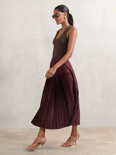 Reiss Burgundy Savannah Satin Pleated Midi Skirt