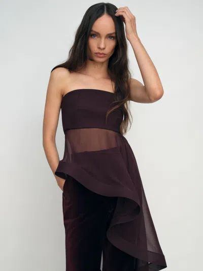 Reiss Burgundy Silk Asymmetric-ruffle Bandeau Top In Brown