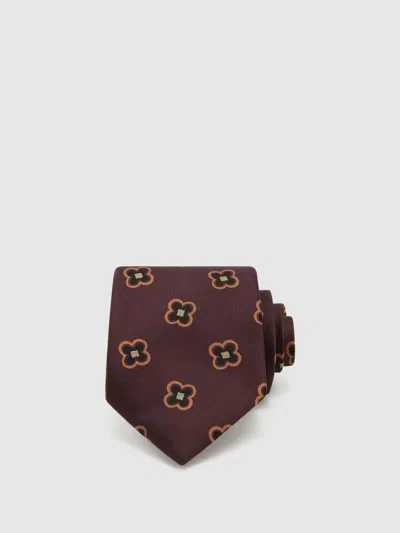Reiss Burgundy Silk-blend Woven Floral-medallion Tie