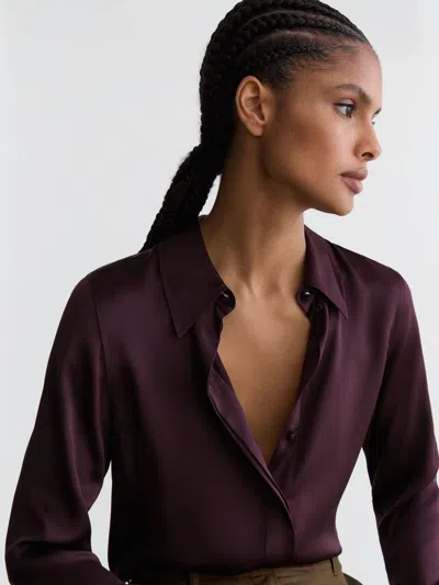Reiss Burgundy Silk-satin Concealed-placket Shirt In Purple