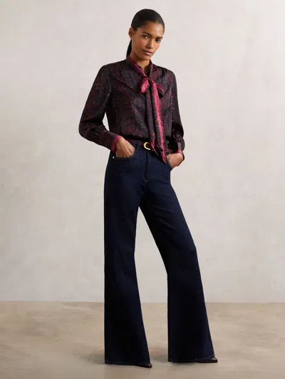 Reiss Burgundy Snake-print Tie-neck Blouse