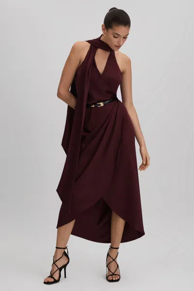 Reiss Burgundy Satin Wrap Front Midi Dress