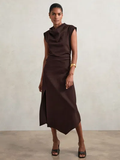 REISS BURGUNDY TWILL JERSEY DRAPED MIDI DRESS