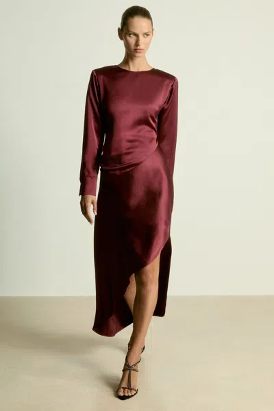 Reiss Burgundy Valli Satin Asymmetric Draped Maxi Dress