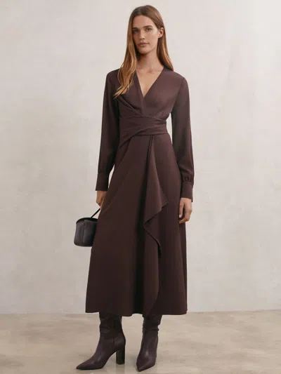 Reiss Burgundy Wrap-front Drape Midi Dress With Wool In Brown