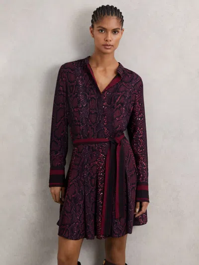 Reiss Womens Burgundy Black Daria Snake-print Belted-waist Woven Midi Dress