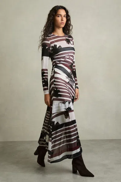 Reiss Burgundy/black Chiara Stretch-mesh Stripe-print Ruched Dress