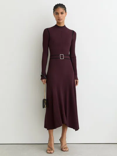 Reiss Burgundy/black Colour-block Rib-knit Midi Dress In Purple