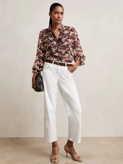 Reiss Jules Abstract Ruffle Neck Button-up Shirt In Burgundy