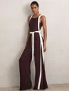 Reiss Burgundy/cream Colourblock Wide Leg Belted Jumpsuit