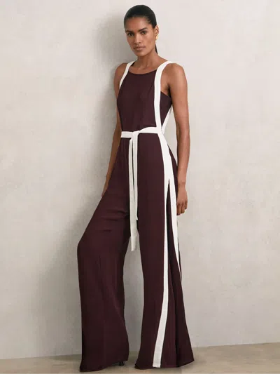 Reiss Burgundy/cream Colourblock Wide Leg Belted Jumpsuit