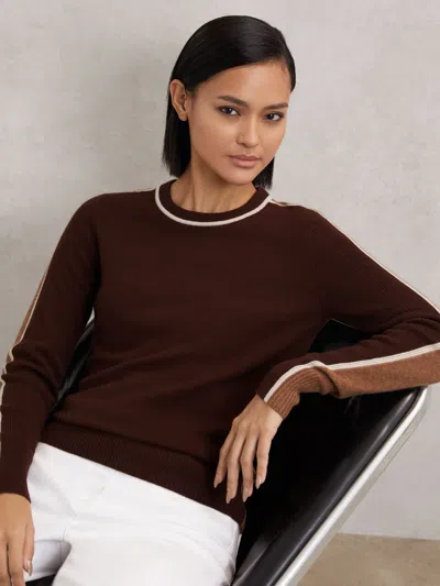 Reiss Burgundy/tan Wool-blend Colour-block Jumper With Cashmere In Multi