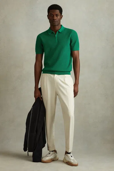 Reiss Burnham - Bright Green Cotton Blend Textured Half Zip Polo Shirt, S