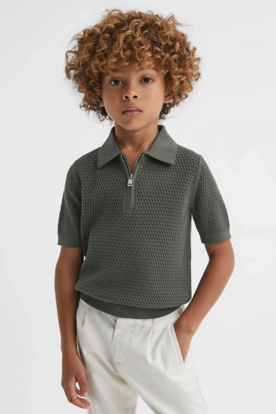 Reiss Kids' Burnham - Dark Sage Textured Half-zip Polo T-shirt, Uk 13-14 Yrs