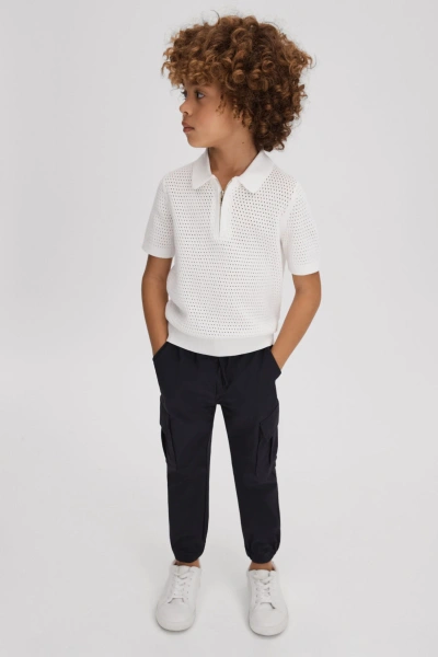 Reiss Burnham - Optic White Textured Half-zip Polo T-shirt, Uk 7-8 Yrs