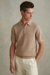 Reiss Taupe Burnham Cotton Blend Textured Half Zip Polo Shirt In Taupe