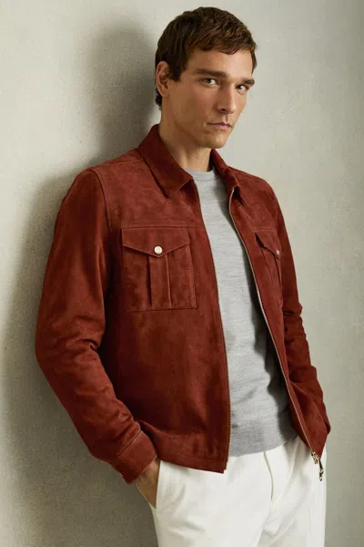 Reiss Burnt Red Suede Zip-through Shirt Jacket