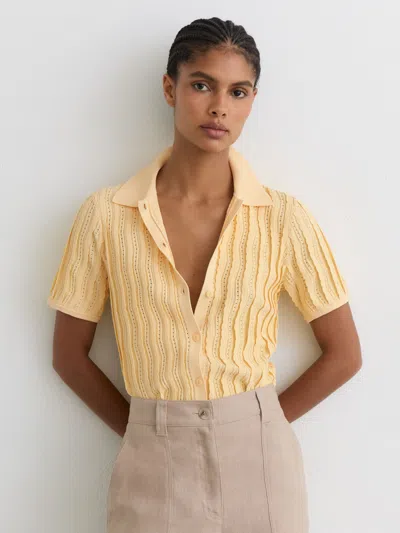 Reiss Buttermilk Yellow Stitch-detail Short-sleeve Knitted Shirt