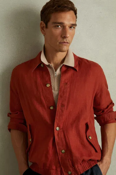 Reiss Rust Cadiz Linen Elasticated Hem Overshirt In Rust