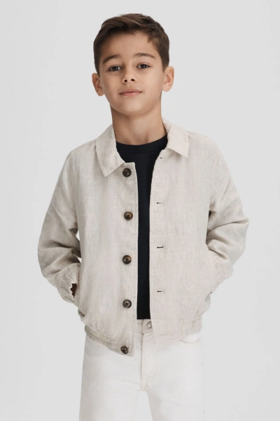 Reiss Cadiz - Stone Junior Linen Elasticated Trim Bomber Jacket, Uk 7-8 Yrs