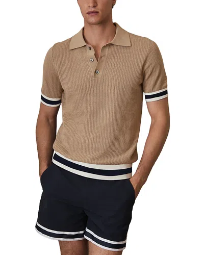 Reiss Callie Striped Cuff Perforated Polo Shirt In Brown