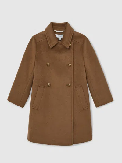 Reiss Camel 13-14 Yrs Wool-blend Double-breasted Coat In Brown
