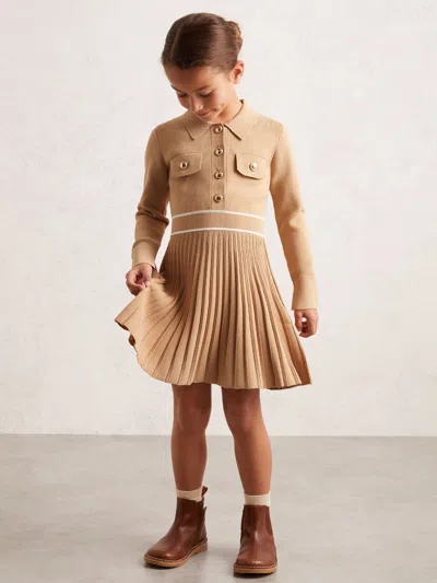 Reiss Camel 4-9 Yrs Knitted Contrast Stitch Dress In Brown