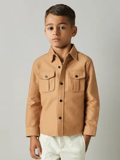 Reiss Kids' Camel 9-13 Yrs Brushed 100% Cotton Shirt In Brown