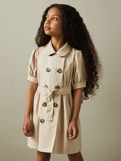 Reiss Camel 9-13 Yrs Puff Sleeve Belted Dress In Neutral