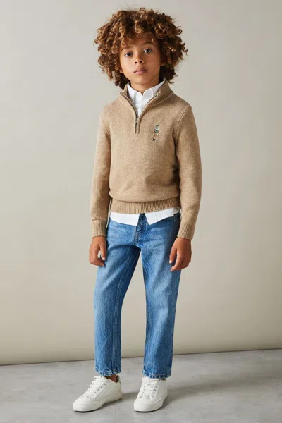 Reiss Camel Brown Melange 3-9 Yrs Half Zip Funnel Neck Jumper In Camel Brown Melange