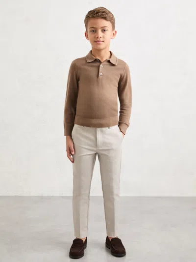 Reiss Camel Brown Trafford 9-13 Yrs Wool Long-sleeve Polo Shirt In Multi