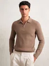 Reiss Hamilton Long Sleeved Half Zip Square Textured Wool Polo Shirt In Brown