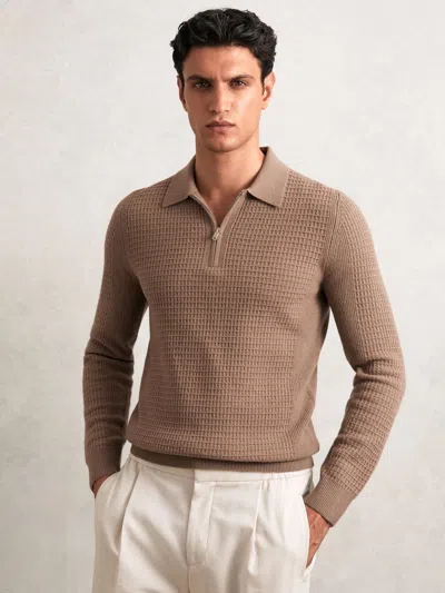 Reiss Camel Brown Wool Waffle-knit Half-zip Polo Shirt