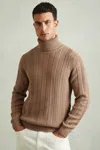 Reiss Camel Flick Cabled Roll Neck Jumper With Cotton And Wool