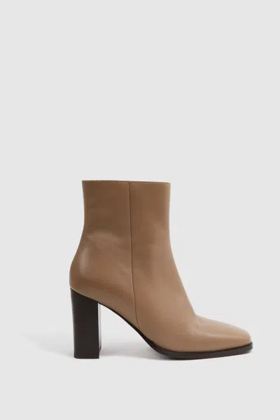 REISS REISS CAMEL CASEY SQUARE TOE BLOCK HEEL BOOTS
