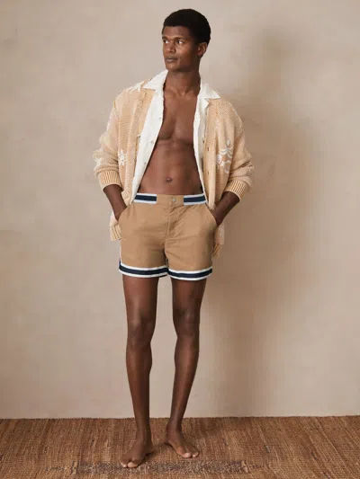 Reiss Che Baller Stripe Tape Hem 4.5 Swim Trunks In Brown