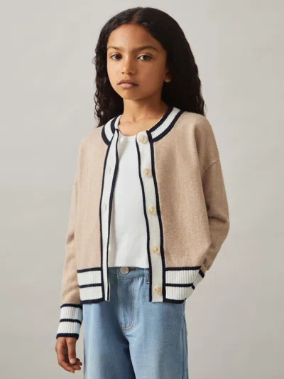 Reiss Camel Claire 9-13 Yrs Merino-blend Varsity Cardigan With Cashmere