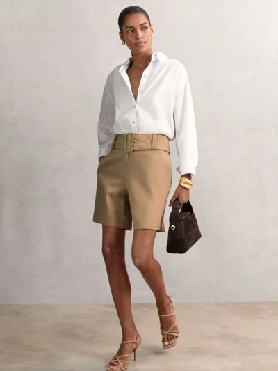 Reiss Camel Cotton-blend Belted Shorts With Linen In Brown