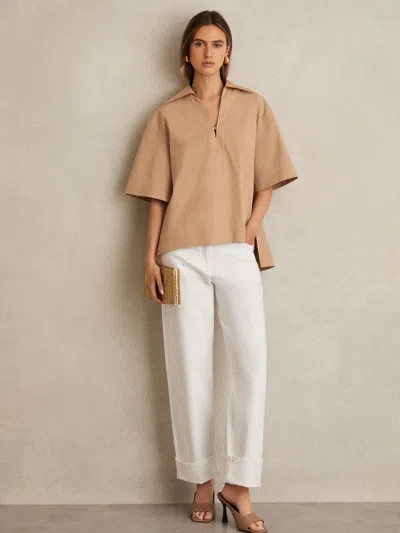 Reiss Camel Cotton Blend Craft Stitch Collared Top In Brown