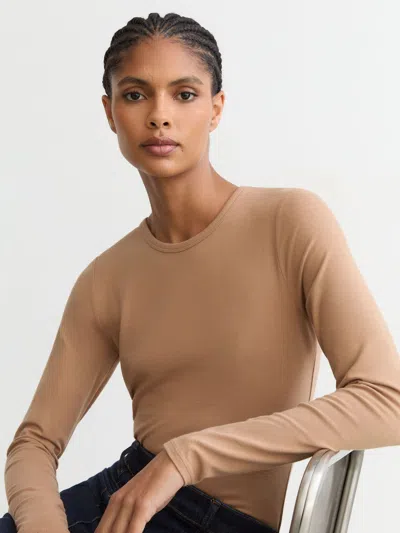 Reiss Camel Cotton Crew-neck Long-sleeve T-shirt With Stretch In Brown