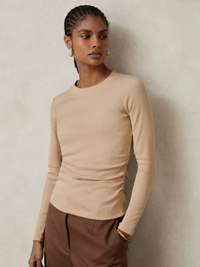 Reiss Camel Cotton Long-sleeve Ruched T-shirt With Stretch In Multi