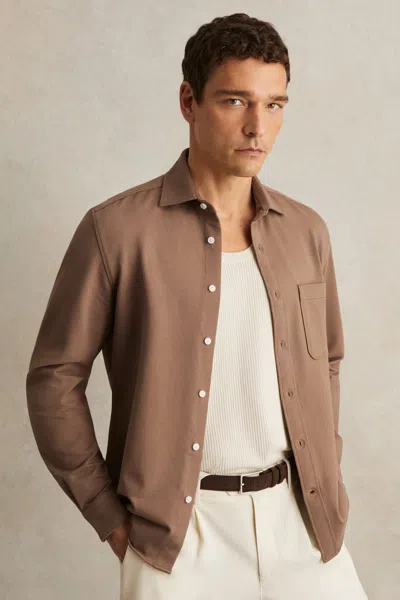 Reiss Camel Cotton-twill Cutaway-collar Overshirt In Brown